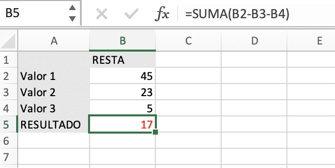 Ejemplo de fórmula de resta en Excel