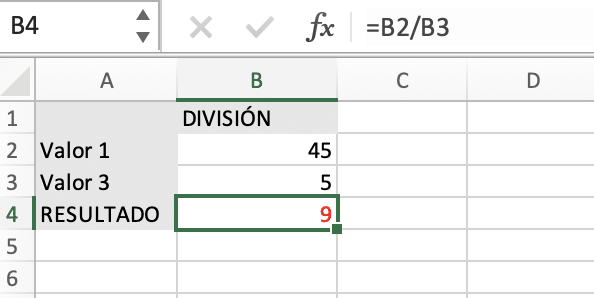Ejemplo de división en Excel