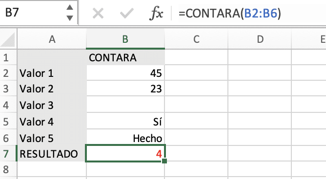 Ejemplo de función CONTARA en Excel
