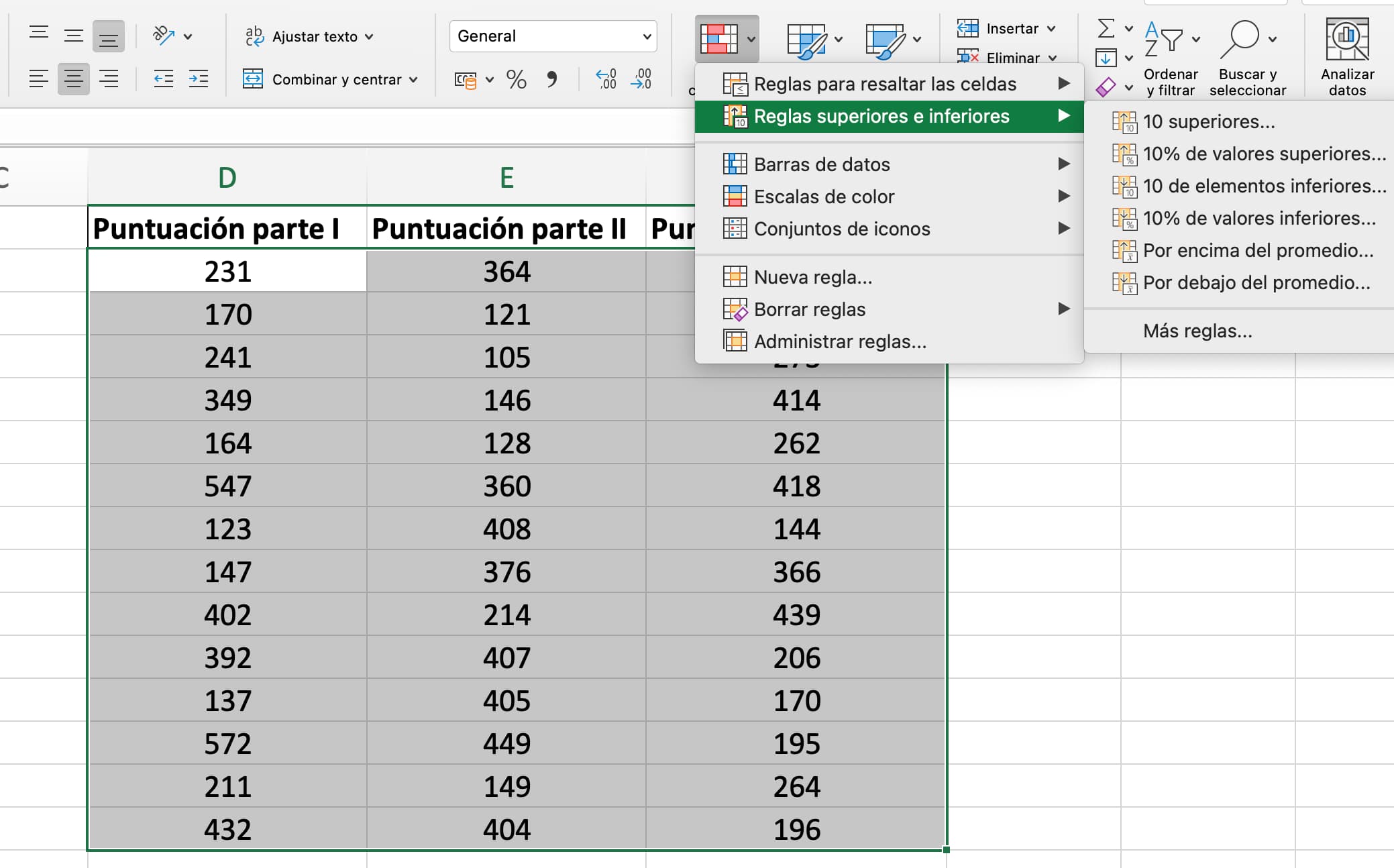 Formato condicional de Excel basado en valores