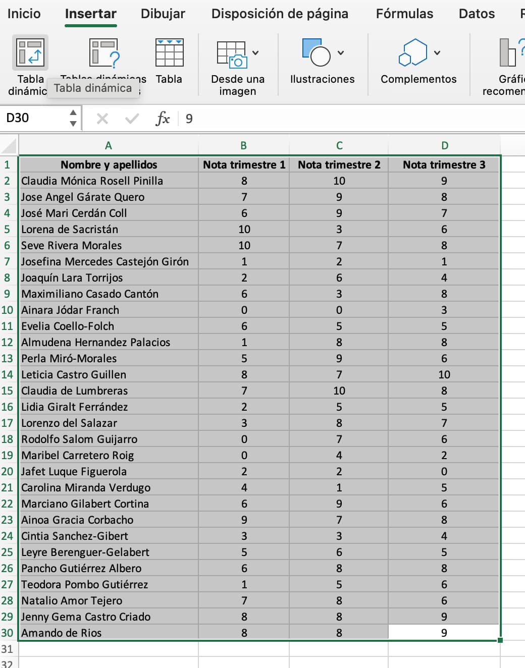 Selección de datos en tabla dinámica